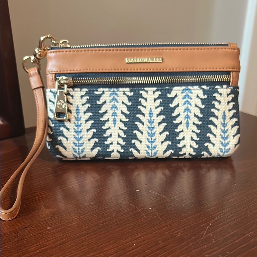 Spartina 449 Brown and Blue Patterned Wristlet